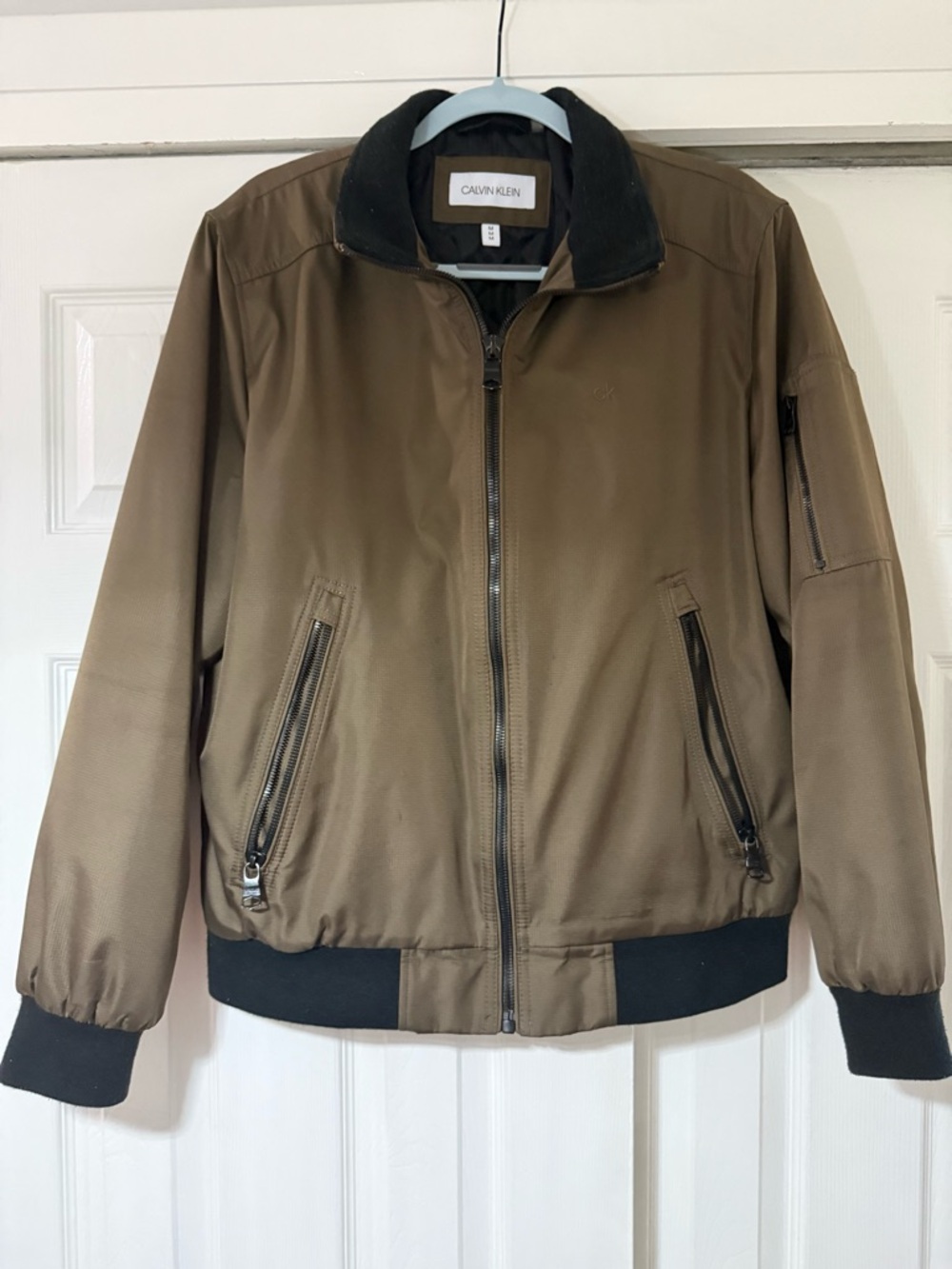 Calvin Klein Olive Brown Bomber Jacket with Black Trim